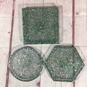 Hand Crafted Green and Blue Glitter Coasters - Set of 3